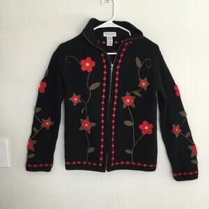 Pure & Simple A Way of Life Womens Cardigan Sweater Wool Zip Black Floral Sz S